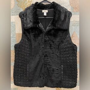 Chico’s Womens Faux Fur Solid Classic Black Collard Preppy Rouged Mob Wife 2 Lg